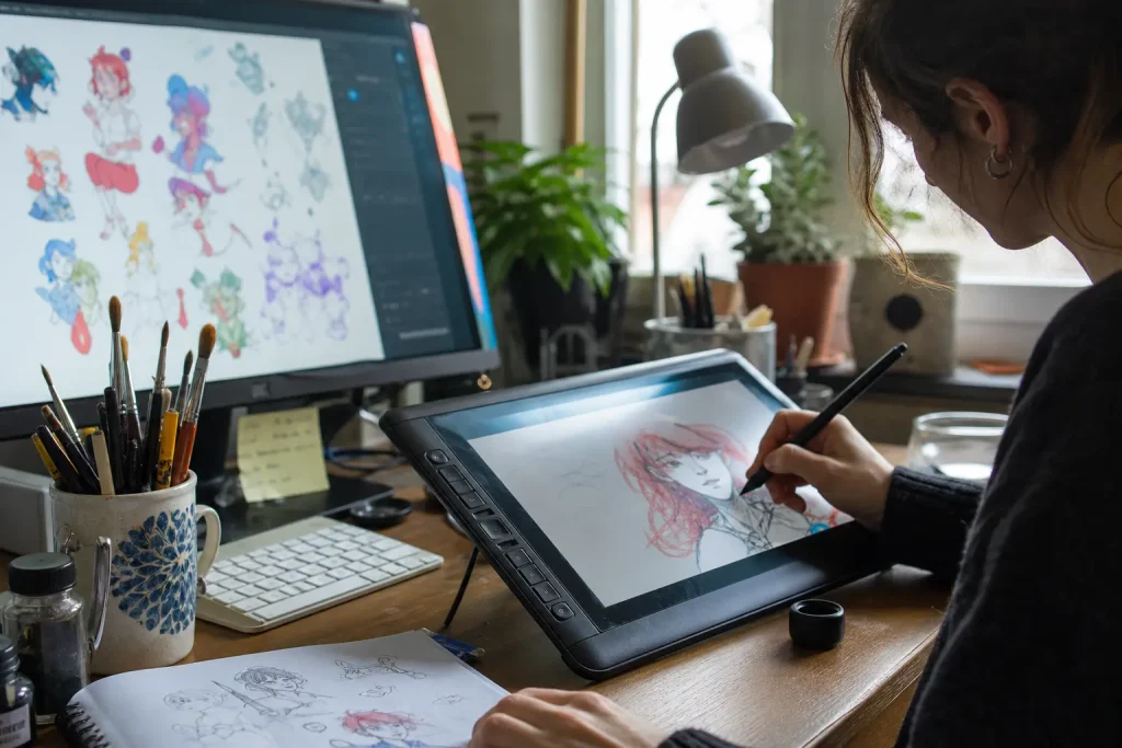 Illustratör arbetar på ritplatta i hemmastudio med skisser inom illustration och animation på skärmen