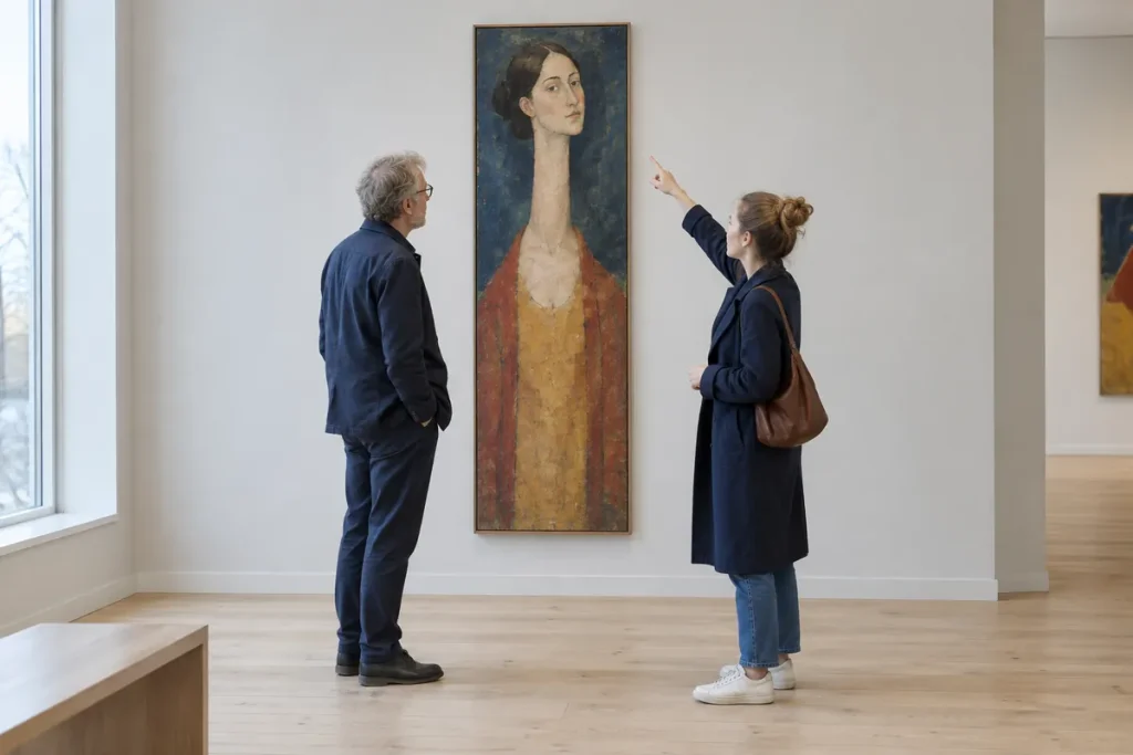 Två besökare framför ett avlångt kvinnoporträtt i ett ljust galleri