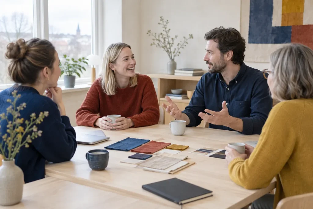 Kollegor i ett ljust mötesrum diskuterar vid ett bord med kaffekoppar och färgprover