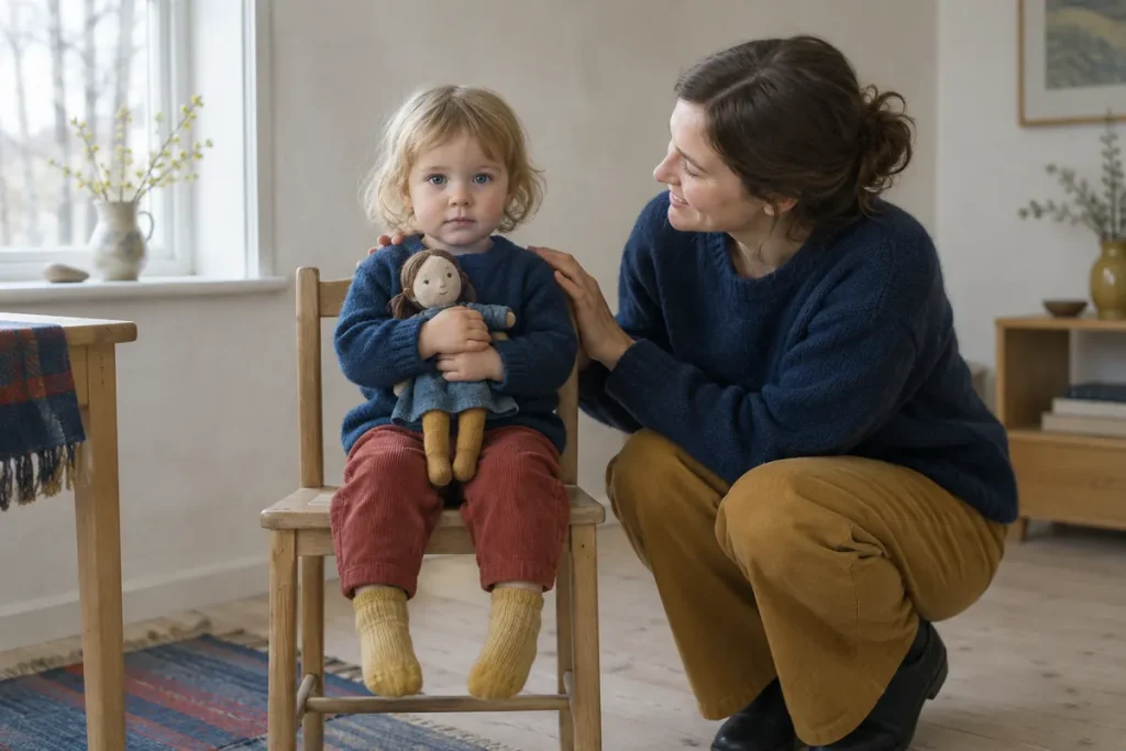 Ett litet barn sitter på en stol med en tygdocka i famnen medan en kvinna sitter på huk bredvid