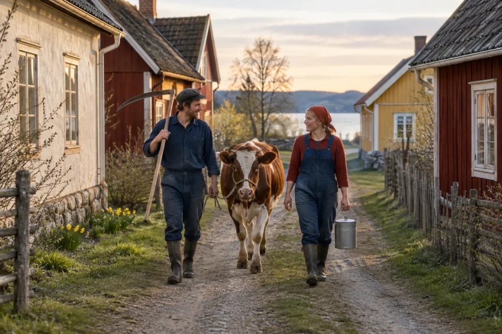 Två bönder leder en ko genom en bygata i kvällsljus
