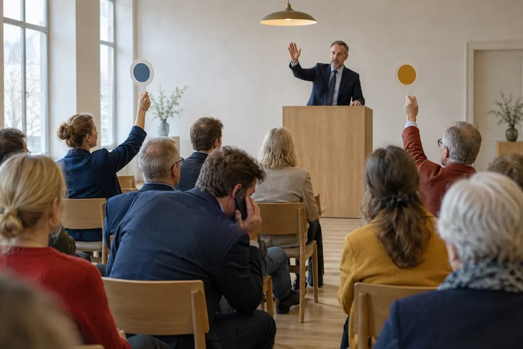 Budgivare lyfter spadar i en auktionssal medan en auktionsförrättare står vid talarstolen