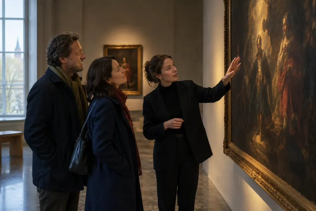 Museibesökare och en intendent framför en mörk barockmålning i ett svagt upplyst gallerirum