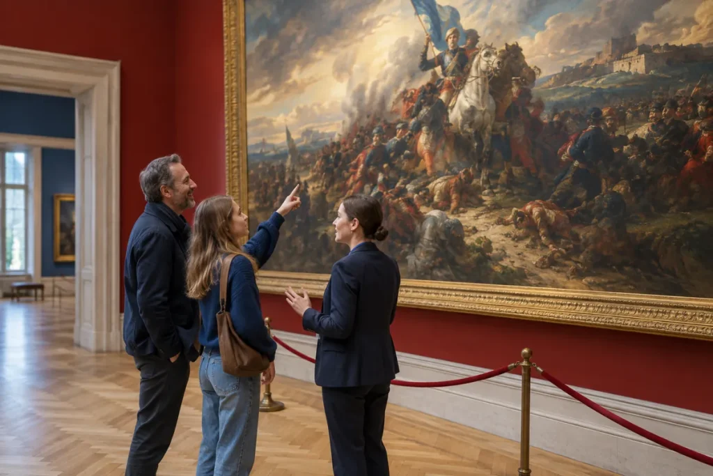 Far och dotter samtalar med en museivärd framför en stor romantisk målning i en rödmålad salong
