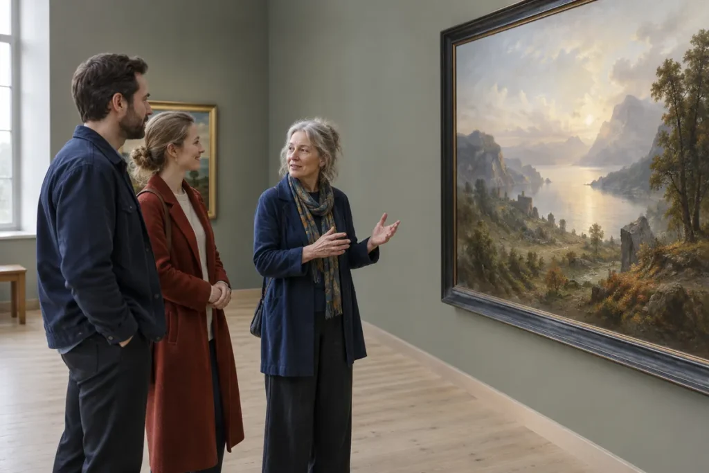 Tre besökare samtalar framför ett stort romantiskt landskapsmåleri i en lugn museisal