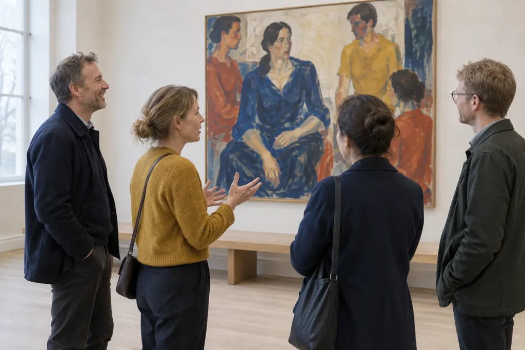 Fyra besökare i halvcirkel samtalar framför en stor färgstark figurmålning i en ljus museisal