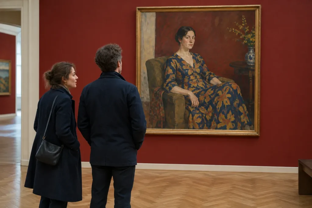 Två besökare framför ett stort damporträtt på en mörkröd museivägg