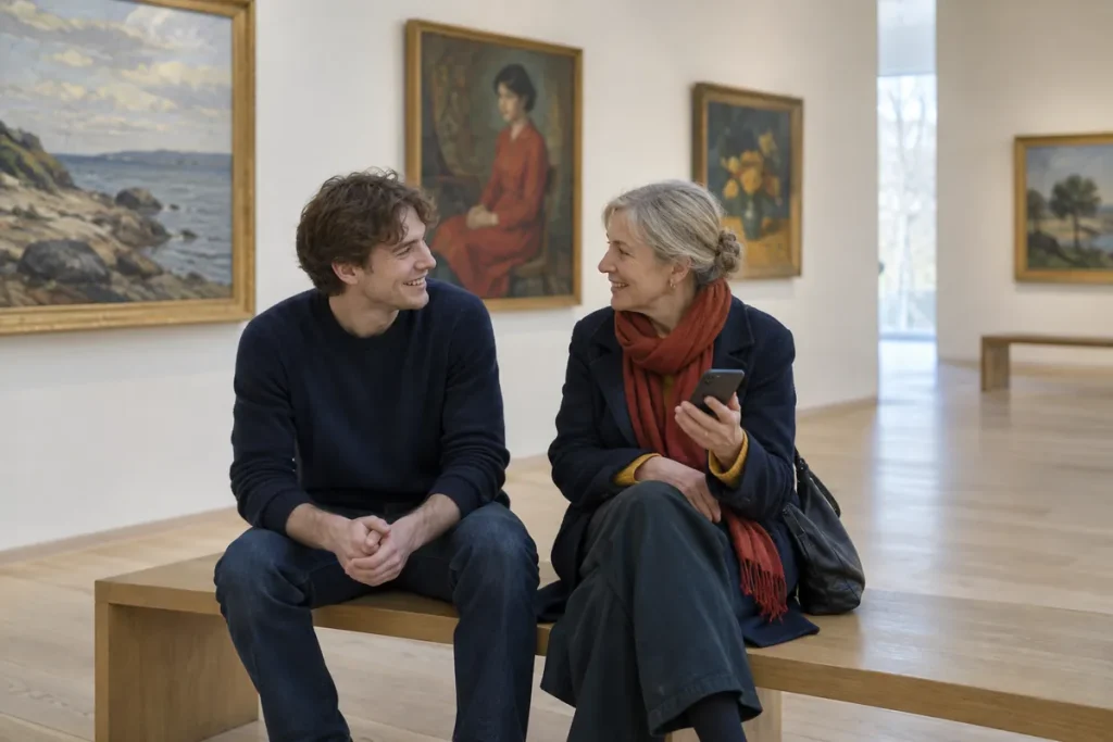En ung man och en äldre kvinna samtalar på en bänk i en lugn museisal