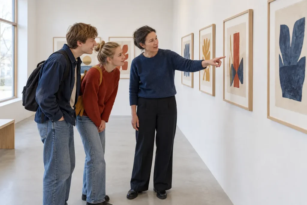 En lärare och två studenter samtalar framför en rad inramade pappersarbeten i ett litet galleri
