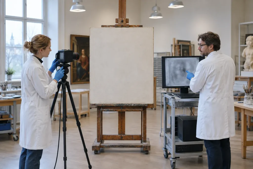 Två konservatorer undersöker en duk med infraröd kamera i ett museilaboratorium