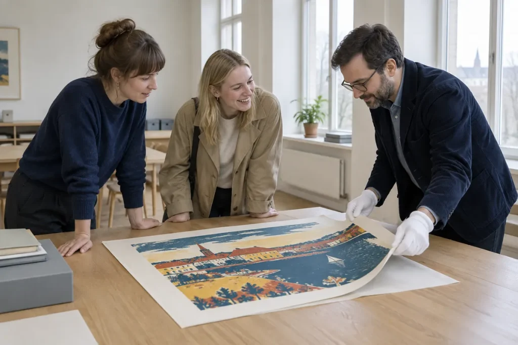 En arkivarie med vita handskar visar ett stort färglitografiskt blad för två besökare vid ett bord