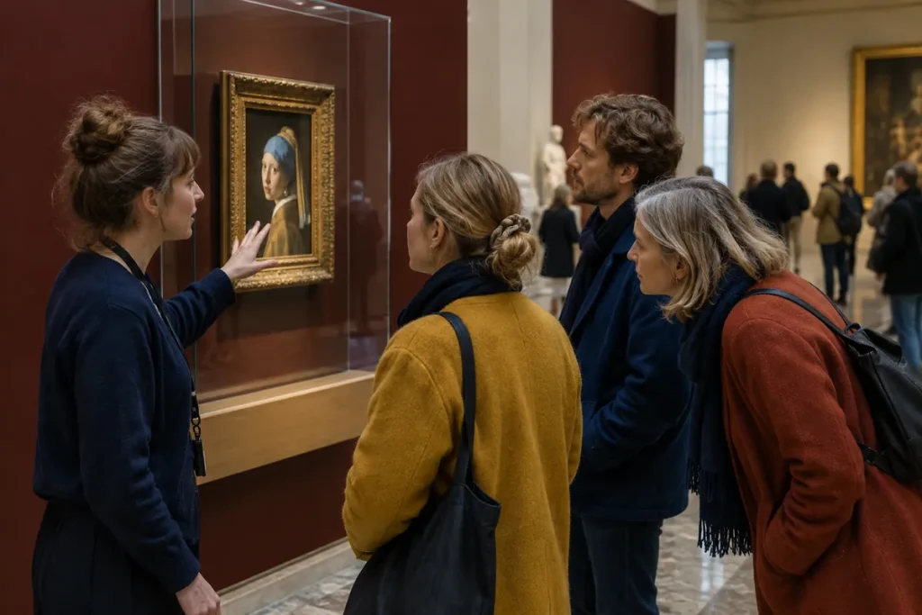 Fyra besökare och en guide framför ett litet inramat porträtt bakom glas i en museisal