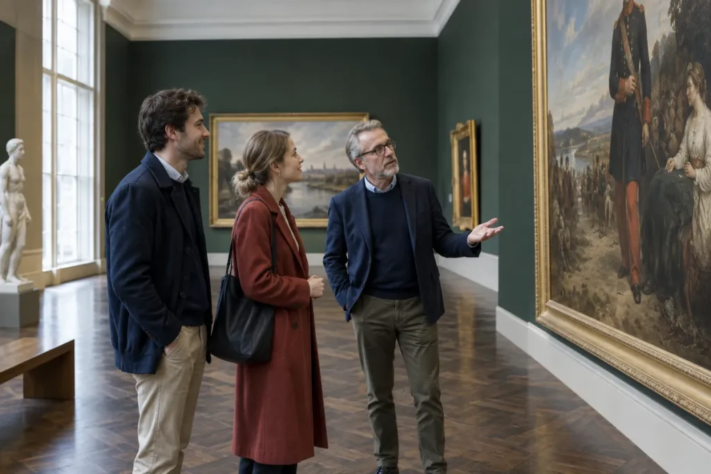 Ett ungt par samtalar med en äldre man framför en stor 1800-talsmålning i en högrest museisal