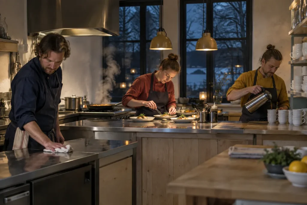 Tre kockar arbetar i ett litet kök sent på natten