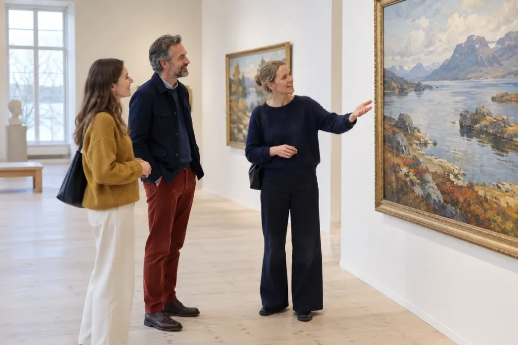 Tre besökare samtalar framför en stor landskapsmålning i ett ljust museum