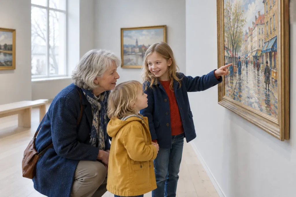 Mormor och två barnbarn tittar på ett litet impressionistiskt gatumotiv i en ljus museisal