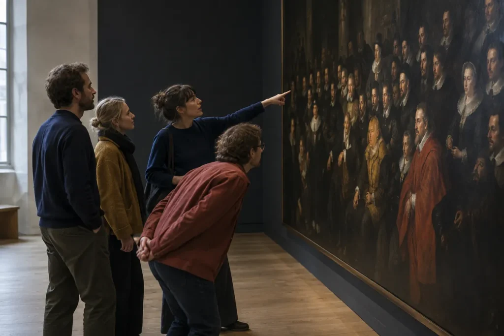 Fyra besökare framför en mycket stor mörk gruppmålning i en museisal