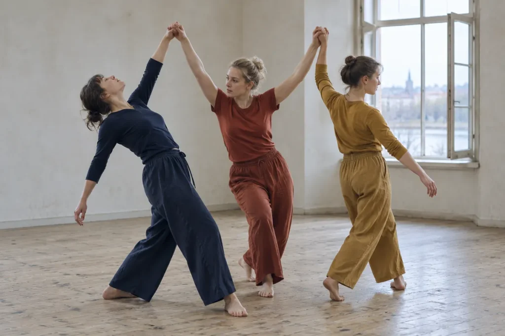 Tre dansare repeterar med armarna lyfta framför ett högt fönster