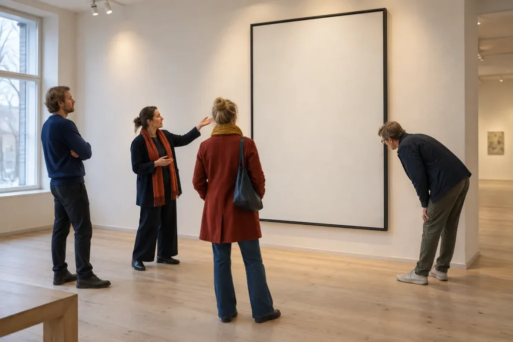Besökare lyssnar på en guide framför en hög tom duk i en museisal